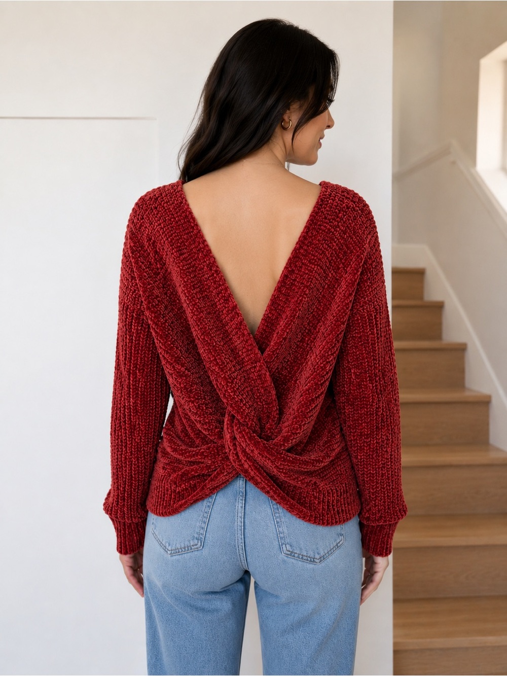 Hippie Rose Rust Burgundy Chenille Twist Back Sweater